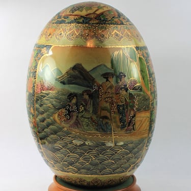 Chinese Satsuma Hand Painted Porcelain Egg With Base 