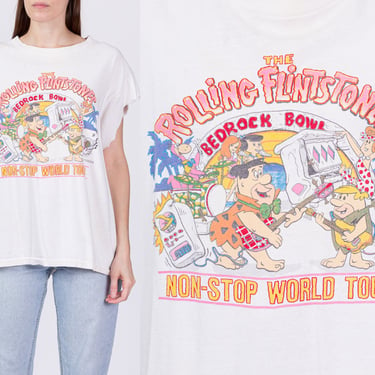 80s The Rolling Flintstones World Tour T Shirt - Men's Large, Women's XL | Vintage 1988 Distressed Bedrock Bowl Cartoon Graphic Tee 