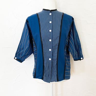 80s Striped Blue White Black Paneled Dolman Sleeve Cotton Austrian Blouse | Medium/Large 