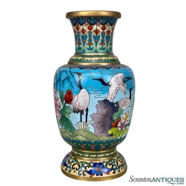 Vintage Chinese Cloisonne Brass & Enamel Crane Bird Motif Vase