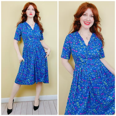 1960s Vintage Shelton Stroller Blue Nylon Shirt Dress / 60s Pink Floral Fit and Flare Dress / Size Large 