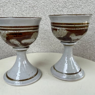Vintage bohemian large wine goblet chalice pottery beige brown set of 2 