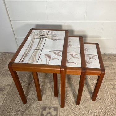 Mid Century Modern Danish Teak And Tile Nesting Side Tables 