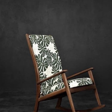 Vintage Mid-Century Danish Modern Rocking Chair in Wood and Monstera Leaf Pattern Fabric, 1960s 