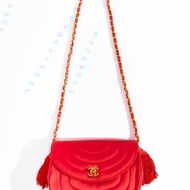 CHANEL 1989-1991 Lipstick Red Satin Tassel Evening Bag