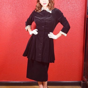 1940s Black Velvet Peplum Suit Two Piece Ladies by Carlye 