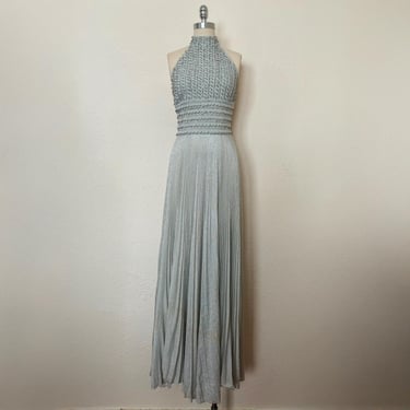 1960s Silver and White Beaded Evening Gown by Mignon, Medium to Large | 60s Vintage Halter Maxi Dress (M, L, 36-29.5-50) 