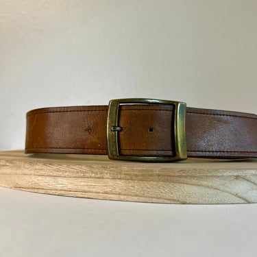 Vintage 90s Soft Tan Genuine Leather Chunky Brass Buckle Belt Size M/L 
