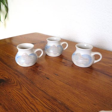 Vintage Studio Art Pottery Stoneware Coffee Mug Artist Signed Wheel Thrown Set of 3 