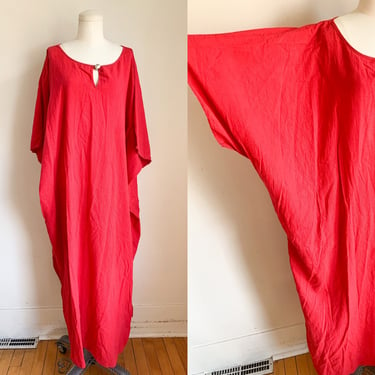 Vintage 1980s Red Cotton Gauze Caftan Dress / one size fits all 