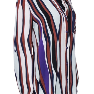 Diane von Furstenberg - Blue &amp; Brown Multicolor Striped Silk Blend Blouse Sz 10