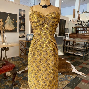 1950s wiggle dress, gold brocade, vintage cocktail dress, rushed bodice, classic 50s, holiday outfit, pin up style, mrs maisel, small, viv 