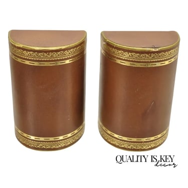 Vintage Italian Brown Leather Bound Gold Gilt Half Round Bookends