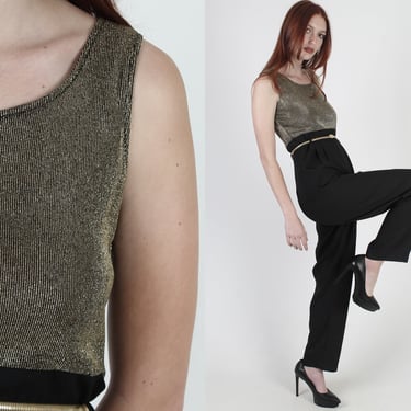 80s Gold Metallic Black Trousers Evening Cocktail Party Playsuit 