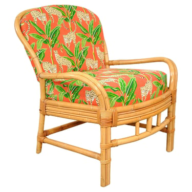 Rattan Chair with Tropical Cheetah and Palm Fabric Indoor / Outdoor by Palecek 