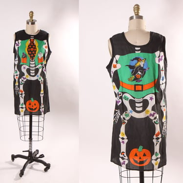 1980s Novelty Skeleton, Witch, Ghost, Cat and Jack-O-Lantern Halloween Printed Sleeveless Pullover Costume Shirt -S 