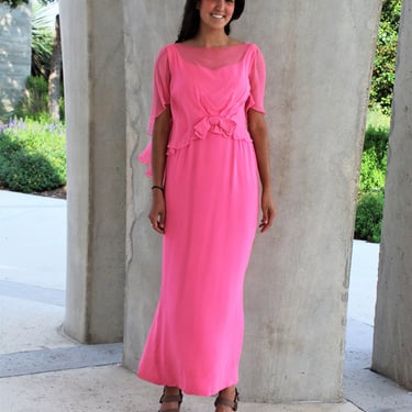 Vintage 1960s Harou Pink Chiffon Evening Gown, Small Women, Silk Maxi Dress 
