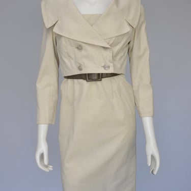 vintage 1950s beige wiggle dress w/ jacket & belt XS 
