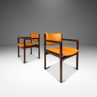 Set of Two ( 2 ) Danish Modern Arm Chairs in Solid Mahogany & Caramel Leather by Danish Overseas Imports, c. 1960's 
