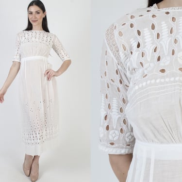 1900s White Edwardian Dress, 20s Lace Victorian Cotton Gown, Vintage Traditional Wedding Maxi 