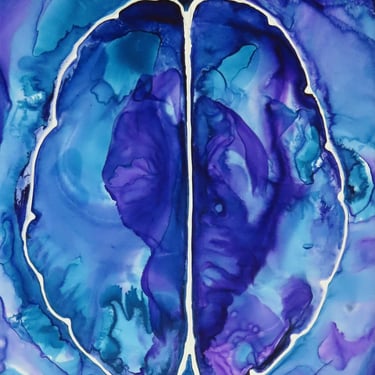 Deep Purple Brain  -  original ink painting on yupo - neuroscience art 
