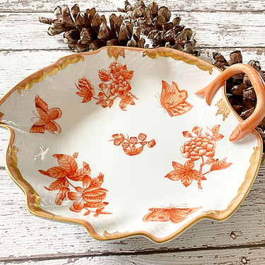 Antique Herend Porcelain Leaf-Shaped Dish - Hand-Painted Orange Floral & Butterfly Design, Vintage Candy Bowl, Hungarian Fine China Giftware 