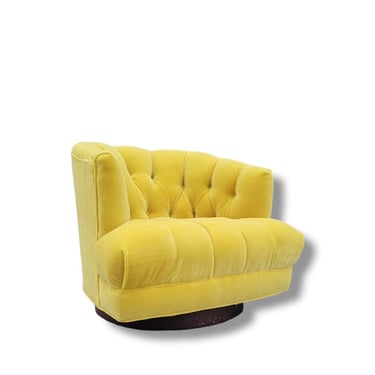 Mid Century Modern Harvey Probber Style Tufted Barrel Back Swivel Lounge Chair Newly Upholstered in Plush "Sun-Kiss-Yellow" Mohair