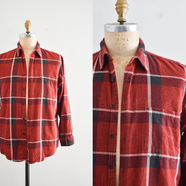 1980s Red and Black Plaid Flannel Shirt 