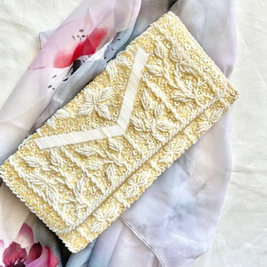 All Over Beads Clutch Purse, White, Ivory, Iridescent Sequins, Vintage 50s 60s Bridal Wedding Prom 