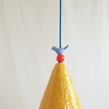 Pendant light. Ceramic cone with bird & bead detail. Hardwire or plugin cord 