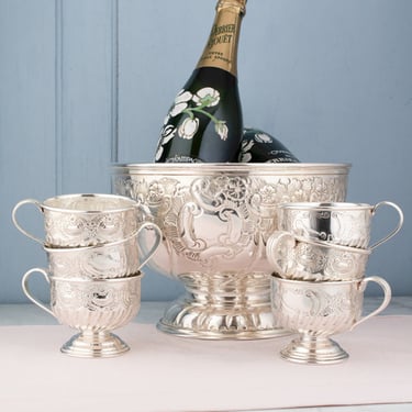 Vintage Silverplate Punch Bowl with 6 Footed Cups