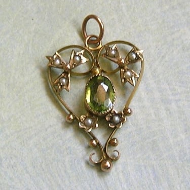 Antique 9CT Gold Edwardian Lavaliere Pendant With Peridot and Pearls, Antique English Gold Lavaliere Pendant, Bridal Jewelry (#4432) 