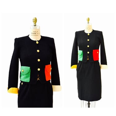 Vintage Adolfo Black Wool Knit Boucle Suit Skirt Jacket Medium //Color Blocked Black Boucle Suit Jacket Skirt Wool Knit Suit Medium Aldolfo 