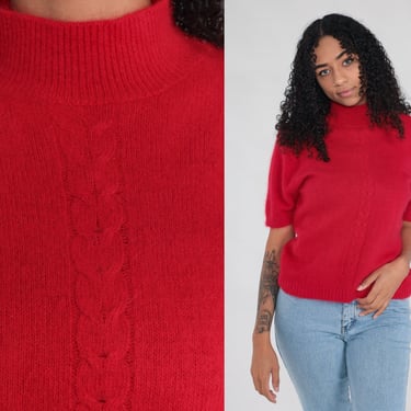 Red Angora Sweater 90s Mock Neck Sweater Top Retro Cable Knit Short Sleeve Sweater Fuzzy Warm Basic Simple Plain Minimal Vintage 1990s Large 