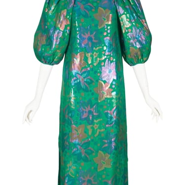 1970s Vintage Floral Lamé Green Silk Chiffon Puff Sleeve Evening Gown Sz XS 