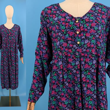 Vintage 80s Zero to 9 Bold Floral Long Sleeve Oversized Fit Shift Dress - Eighties Medium Maxi Dress 