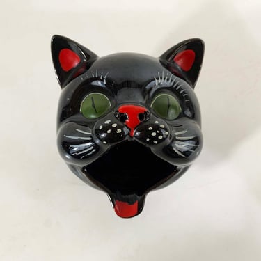 Vintage Shafford Black Cat Open Mouth Ashtray Handpainted Japan Redware Planter Halloween Mid-Century 1950s 