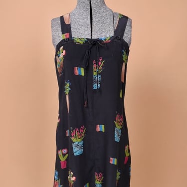 Black Floral Print Silk Tank Dress, S/M