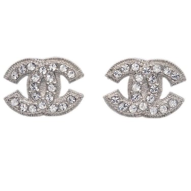 Chanel CC Earrings Clip-On Silver Rhinestone 09A