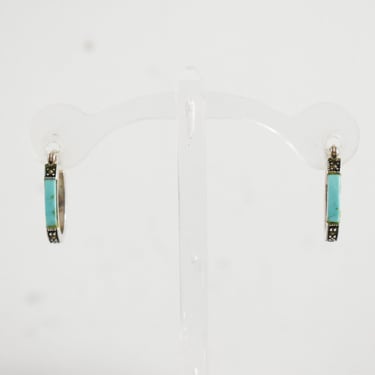 1990s Faux Turquoise, Marcasite, and Sterling Silver Pierced Hoop Earrings 
