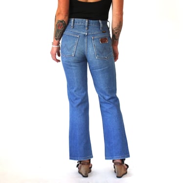 27" x 28.5" 1970s Slim Fit Vintage Wranglers - Vintage 70s High Waist Kick Flare Western Jeans 