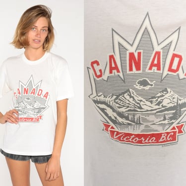 Victoria BC Shirt 80s 90s Canada T-Shirt Mountain Maple Leaf Graphic Tee Retro British Columbia Tourist Single Stich White Vintage Medium 