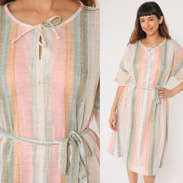 70s Striped Dress Midi Dolman Sleeve Dress Pastel Pink Blue White Keyhole Belted High Waist 1970s Vintage Bleeker Street 16 Extra Large xl 