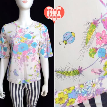 Dainty Lovely Vintage 60s 70s White Short Sleeve Nylon Blouse with Pastel Blue Pink Purple Flowers & Bugs 