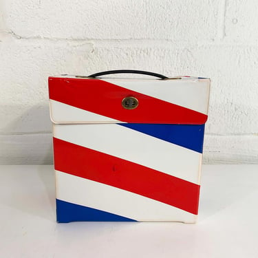 Vintage 45 Box Record Case Holder Storage Mid-Century Retro Vinyl Records Music Musical Red Blue White Plastic Handle Mod French Style 