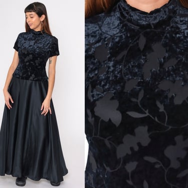 90s Black Party Dress Velvet Burnout Maxi Dress Leaf Print Drop Waist Dress Short Sleeve 1990s Gothic Vintage Mock Neck Ankle Length Small 6 