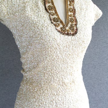 1950s - Gene Shelly - Boutique International - Wiggle Dress - Body Con - Sequin Encrusted Wool Dress - Estimated size 2/4 