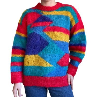 Vintage Womens Hand Knit Rainbow Mohair Fluffy Geometric Sweater Sz L 
