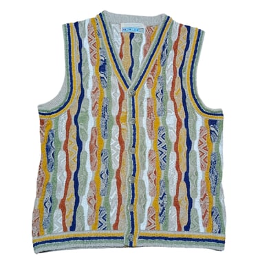 Vintage 90's Coogi Style Cardigan Vest Sleeveless Sweater | Cable Knitted Sweater | Textured Abstract Pattern | Cosby Biggie Streetwear 