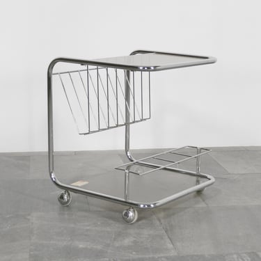 Vintage West German Brown Glass & Chrome Huwa-Spiegel Parsol Rectangular Bar Cart Coffee Side Table Magazine Rack Console Bauhaus Streamline 